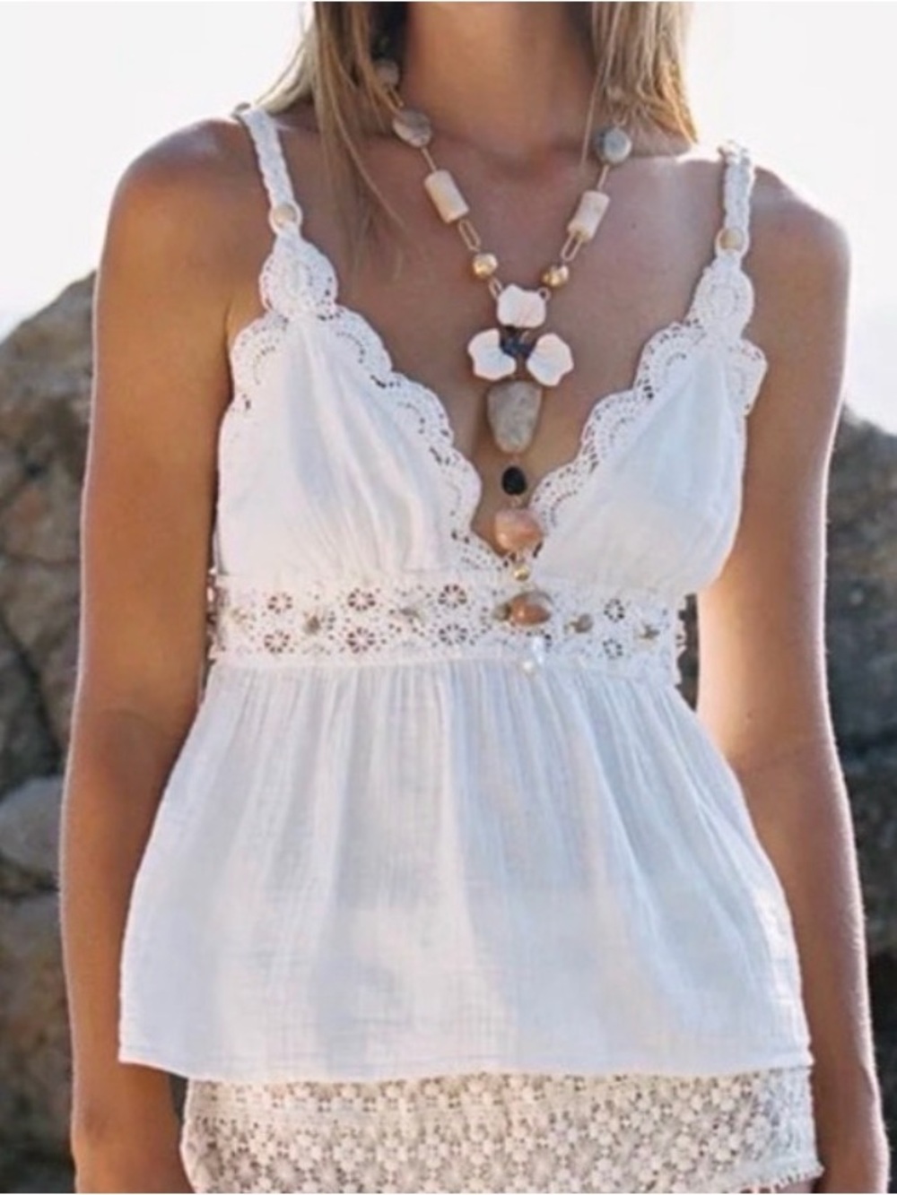 Zara White Crochet-Trim Sleeveless V-Neck Tank Top